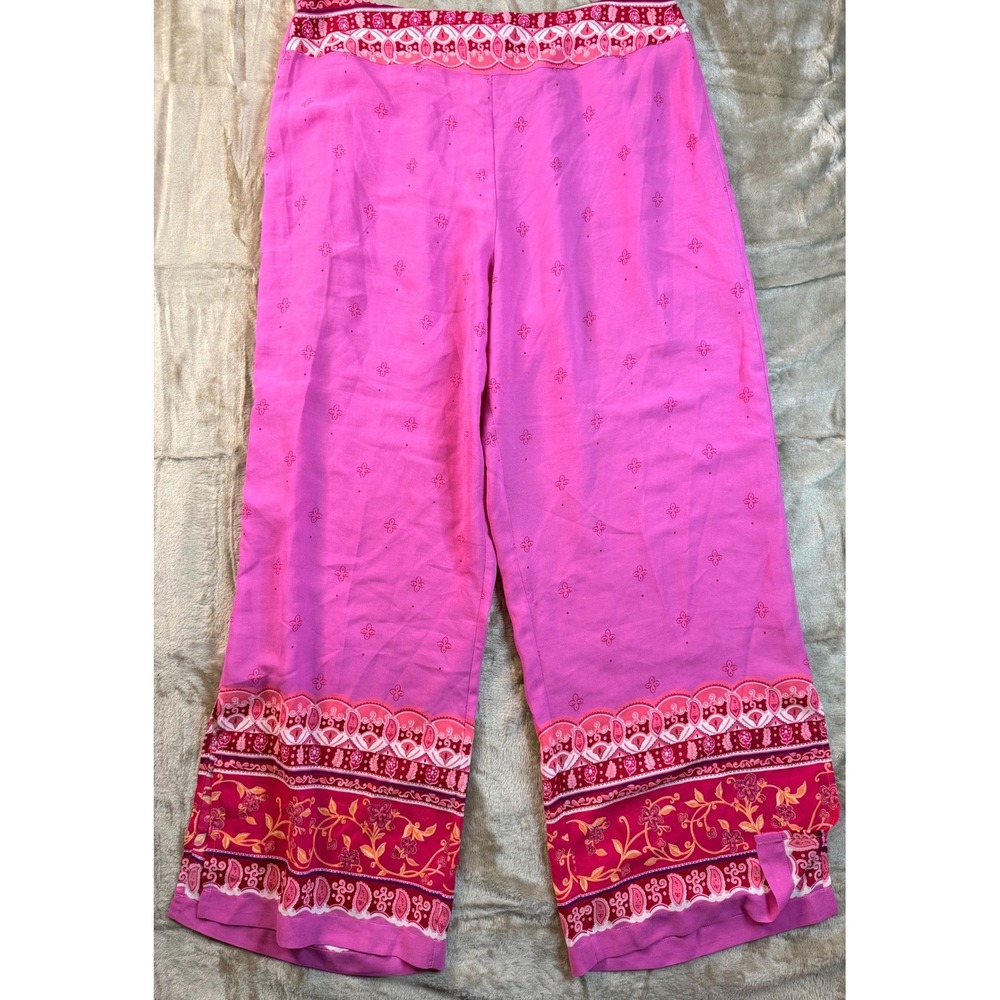 Natori Pink Paisley Floral Border Wide Leg Pants Womens M Fuchsia Boho Resort